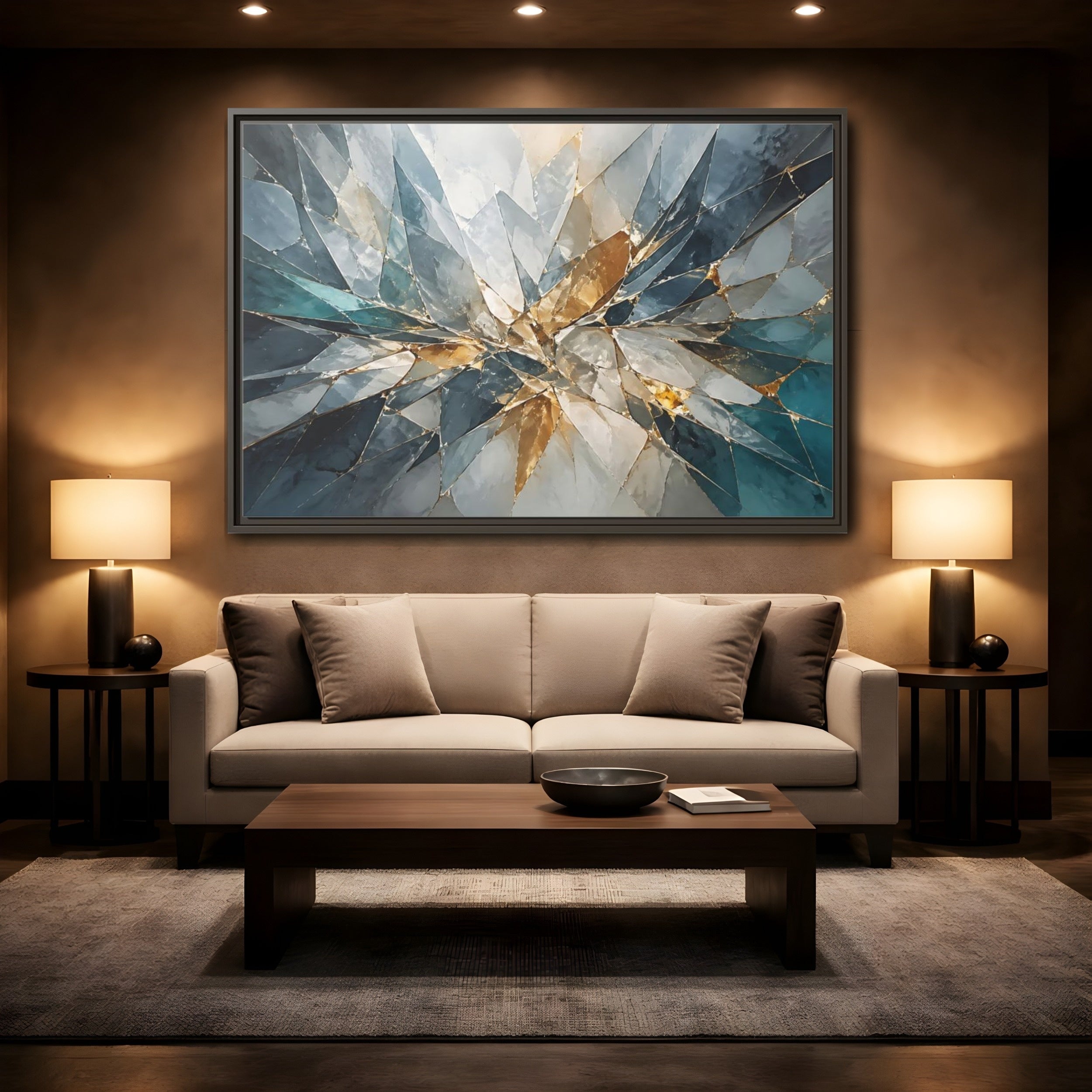 Mockup 2. Abstract Shattered Glass Blue Gold Abstract shown as stretched canvas wall art