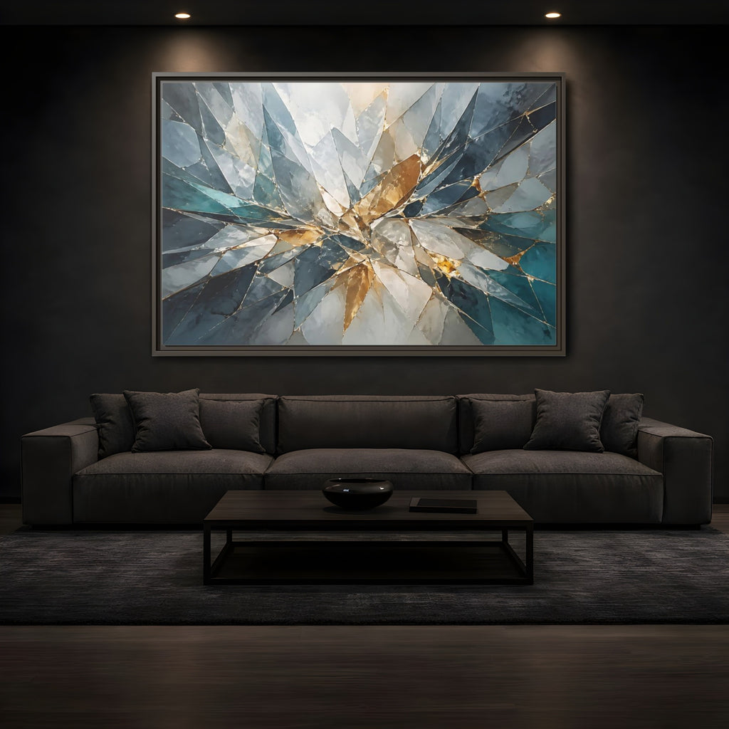 Mockup 3. Abstract Shattered Glass Blue Gold Abstract shown as stretched canvas wall art