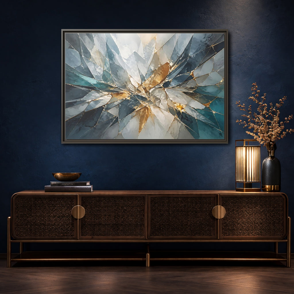 Mockup 4. Abstract Shattered Glass Blue Gold Abstract shown as stretched canvas wall art