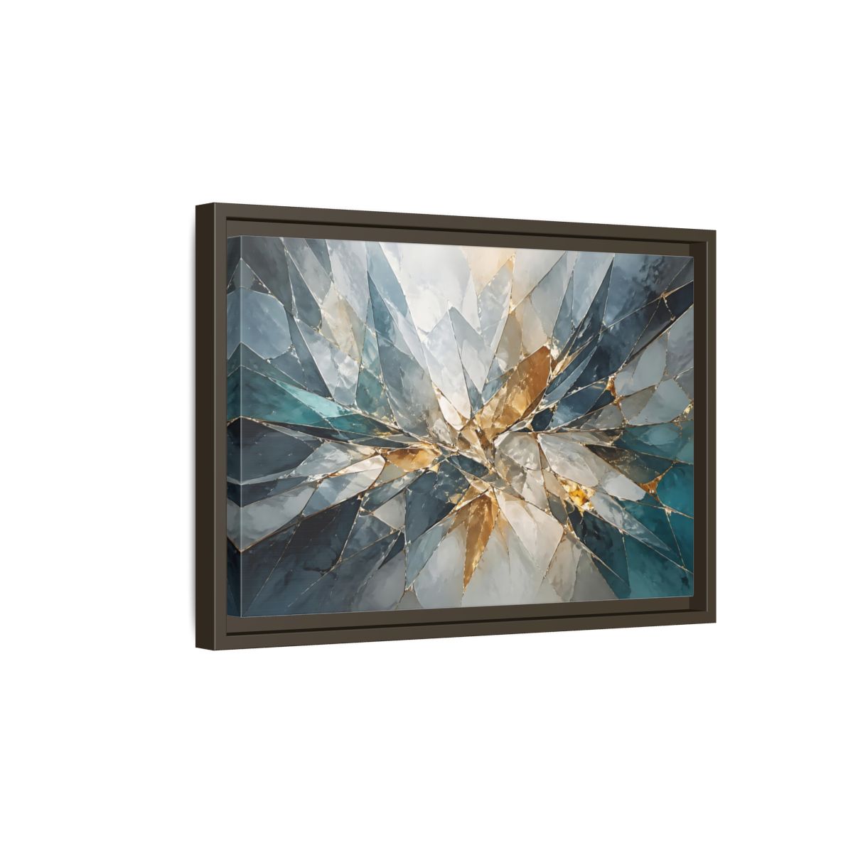 Side Mockup 5. Abstract Shattered Glass Blue Gold Abstract shown as stretched canvas wall art