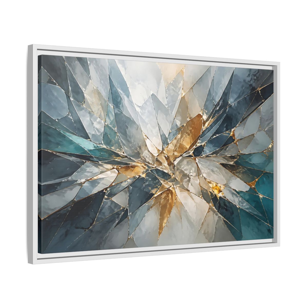Side Mockup 10. Abstract Shattered Glass Blue Gold Abstract shown as stretched canvas wall art