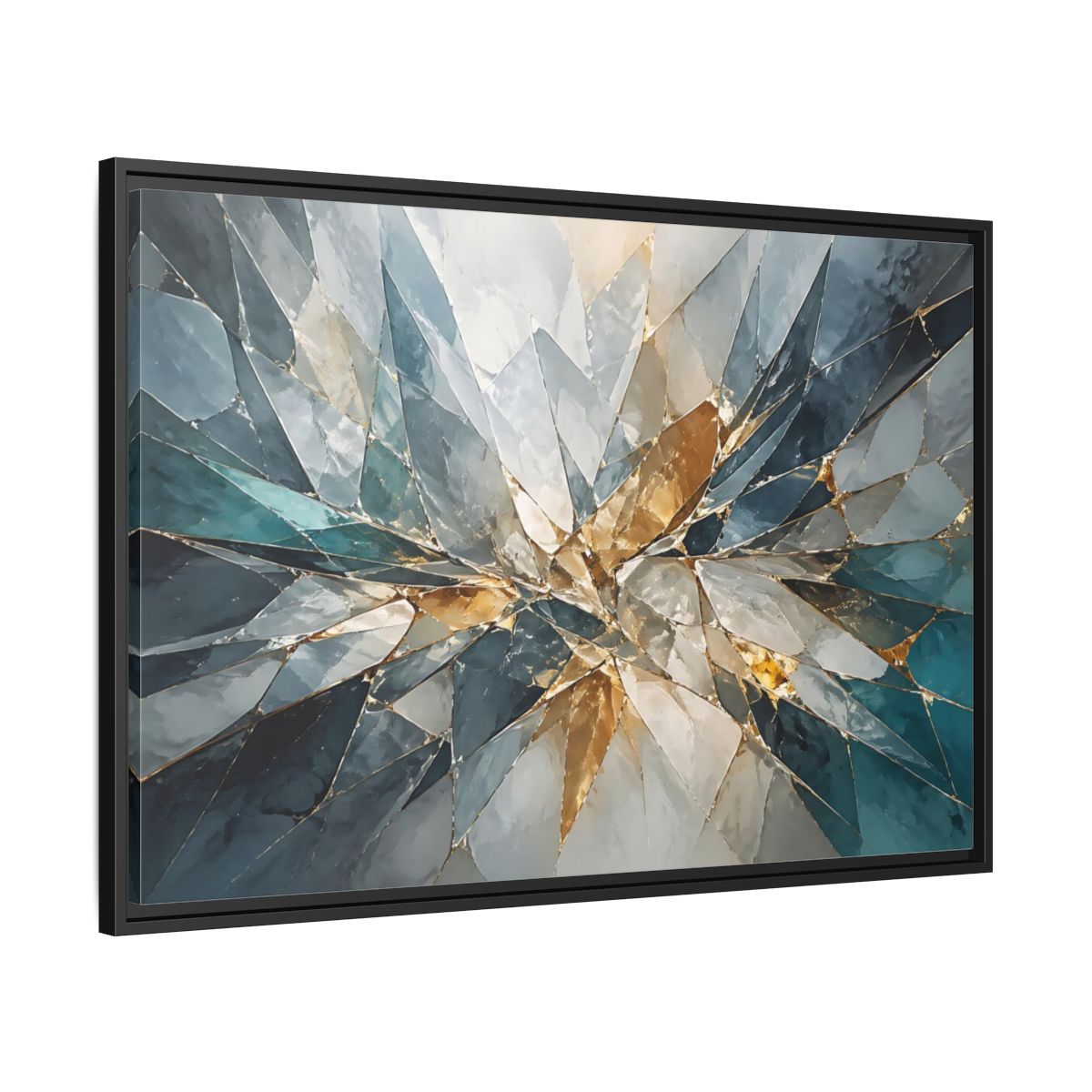 Side Mockup 13. Abstract Shattered Glass Blue Gold Abstract shown as stretched canvas wall art