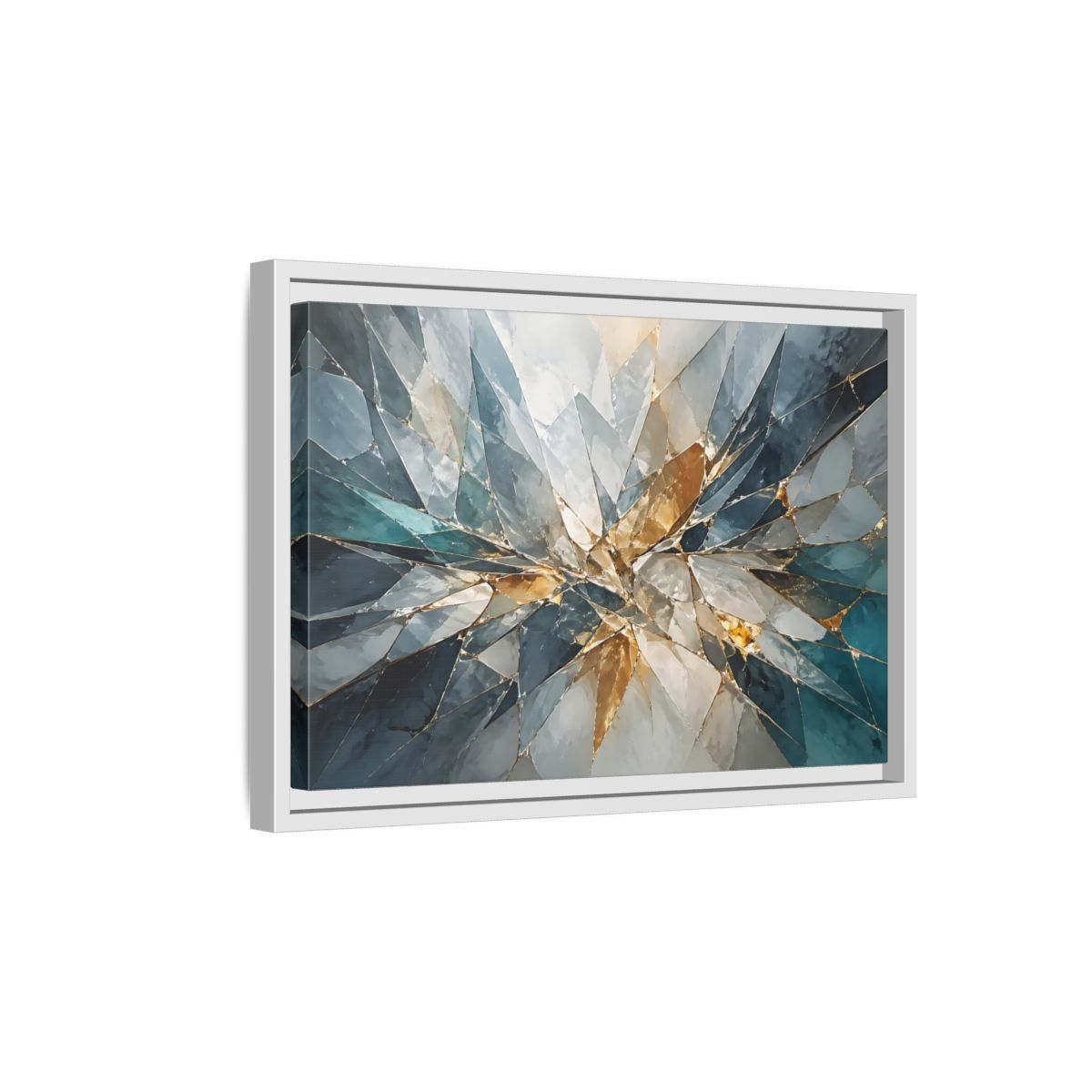Side Mockup 4. Abstract Shattered Glass Blue Gold Abstract shown as stretched canvas wall art