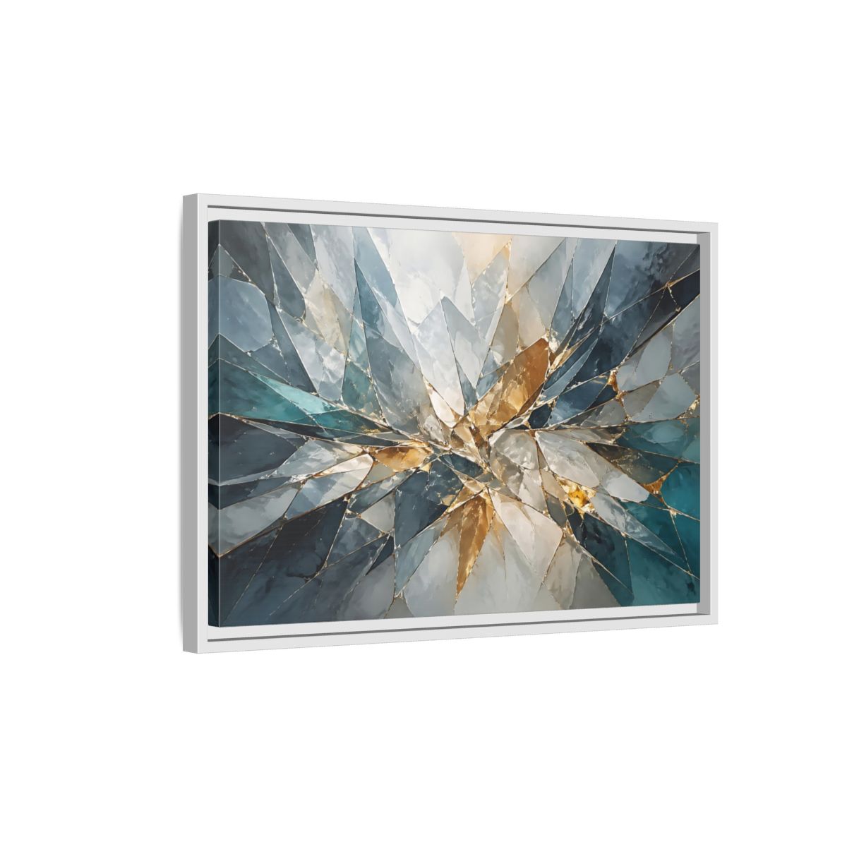 Side Mockup 1. Abstract Shattered Glass Blue Gold Abstract shown as stretched canvas wall art