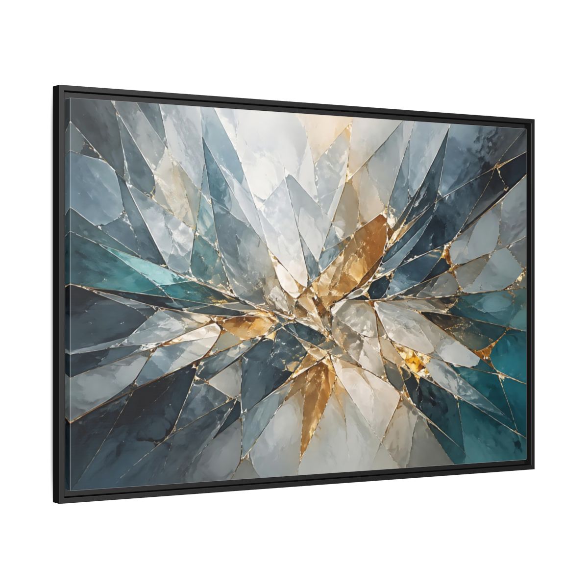 Side Mockup 12. Abstract Shattered Glass Blue Gold Abstract shown as stretched canvas wall art