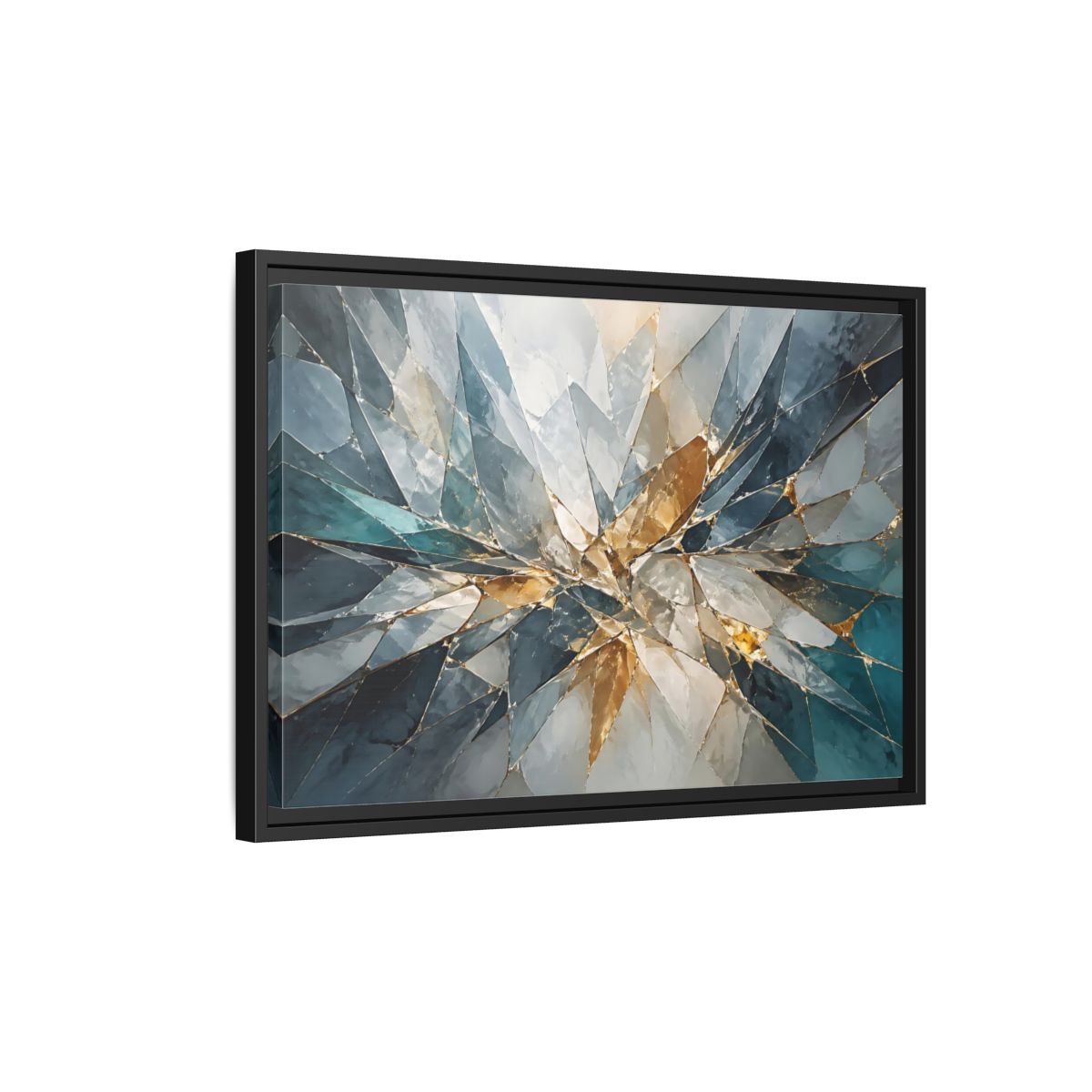 Side Mockup 3. Abstract Shattered Glass Blue Gold Abstract shown as stretched canvas wall art