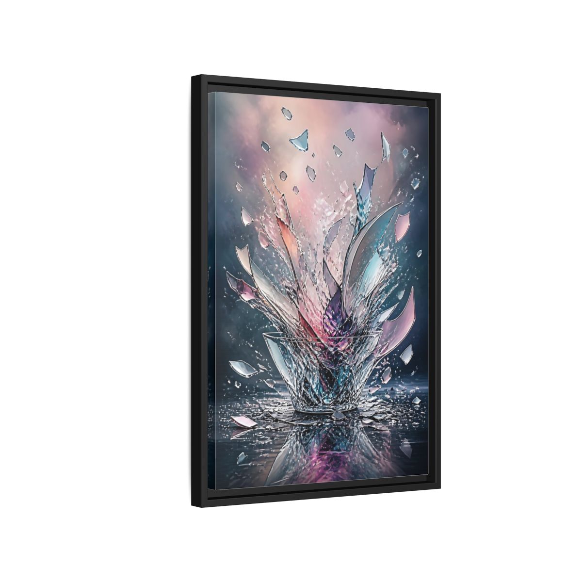 Side Mockup 3. Abstract Shattering Glass Colorful Glass shown as stretched canvas wall art