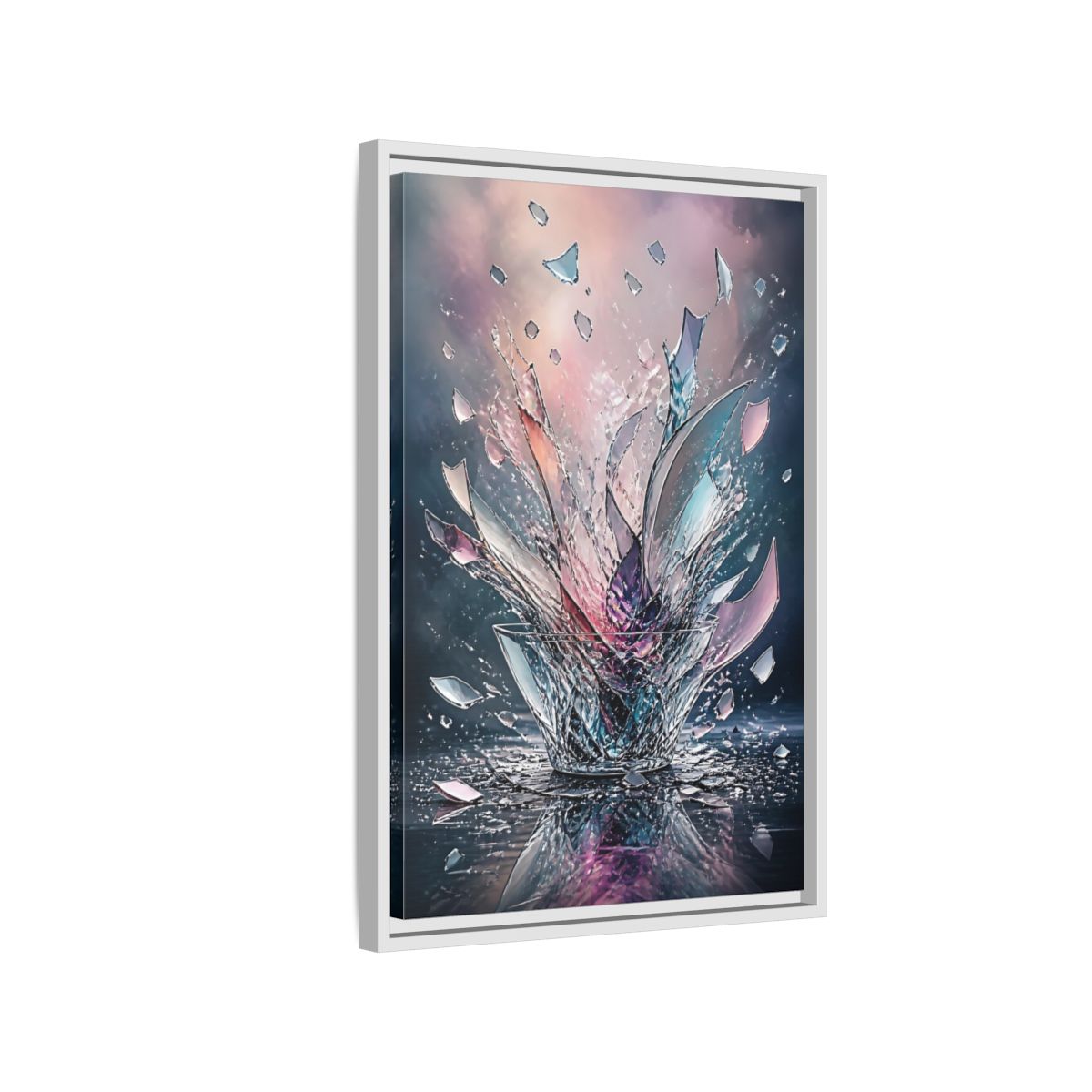 Side Mockup 1. Abstract Shattering Glass Colorful Glass shown as stretched canvas wall art