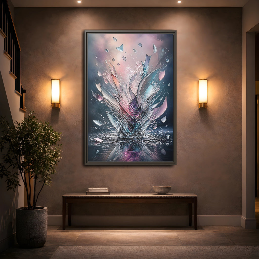 Mockup 2. Abstract Shattering Glass Colorful Glass shown as stretched canvas wall art