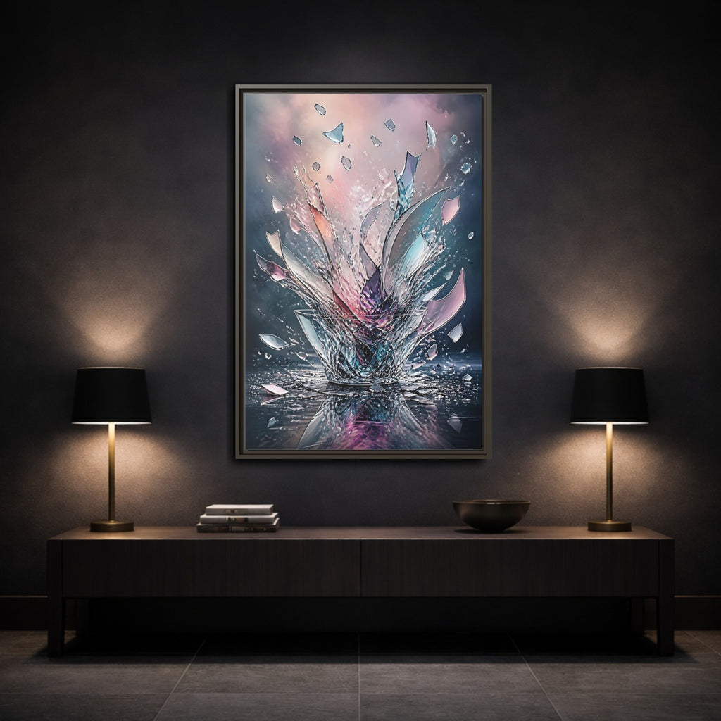 Mockup 3. Abstract Shattering Glass Colorful Glass shown as stretched canvas wall art