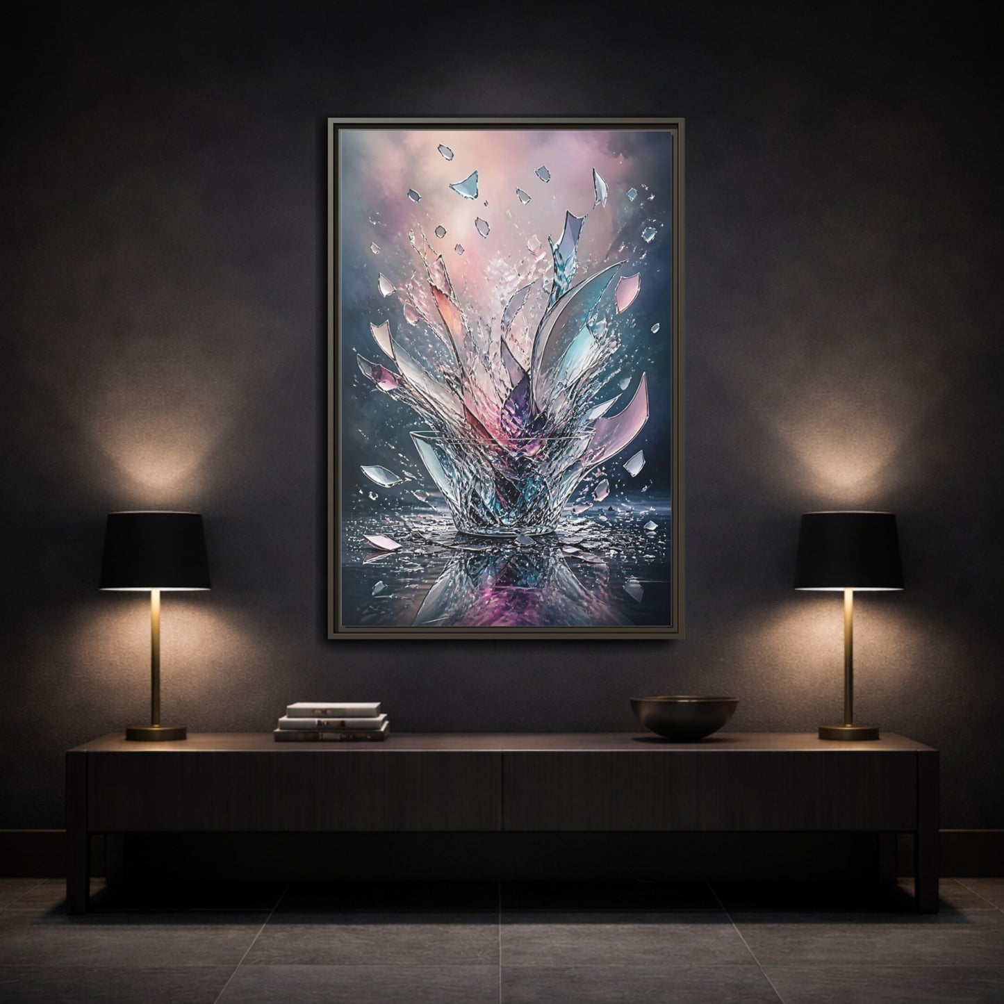 Mockup 3. Abstract Shattering Glass Colorful Glass shown as stretched canvas wall art