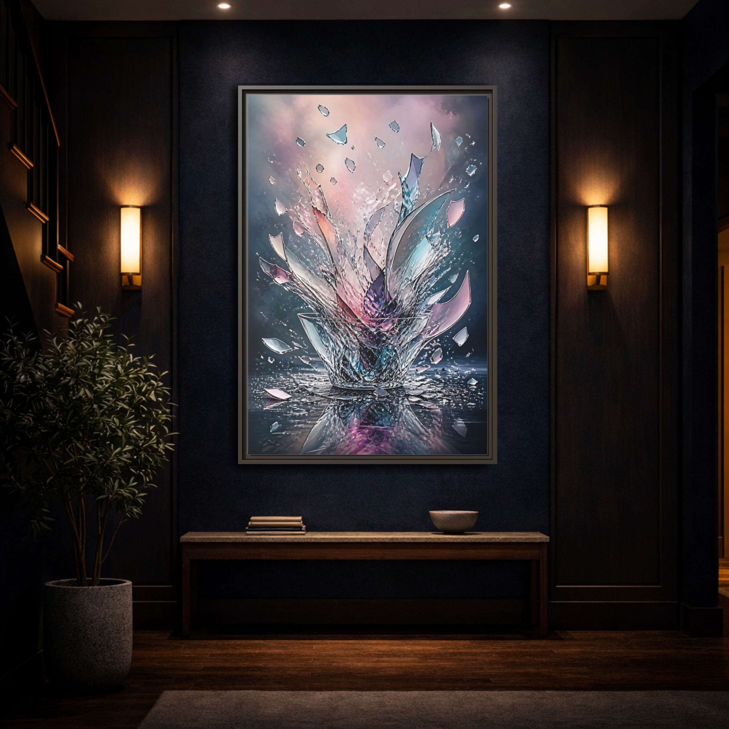Mockup 4. Abstract Shattering Glass Colorful Glass shown as stretched canvas wall art