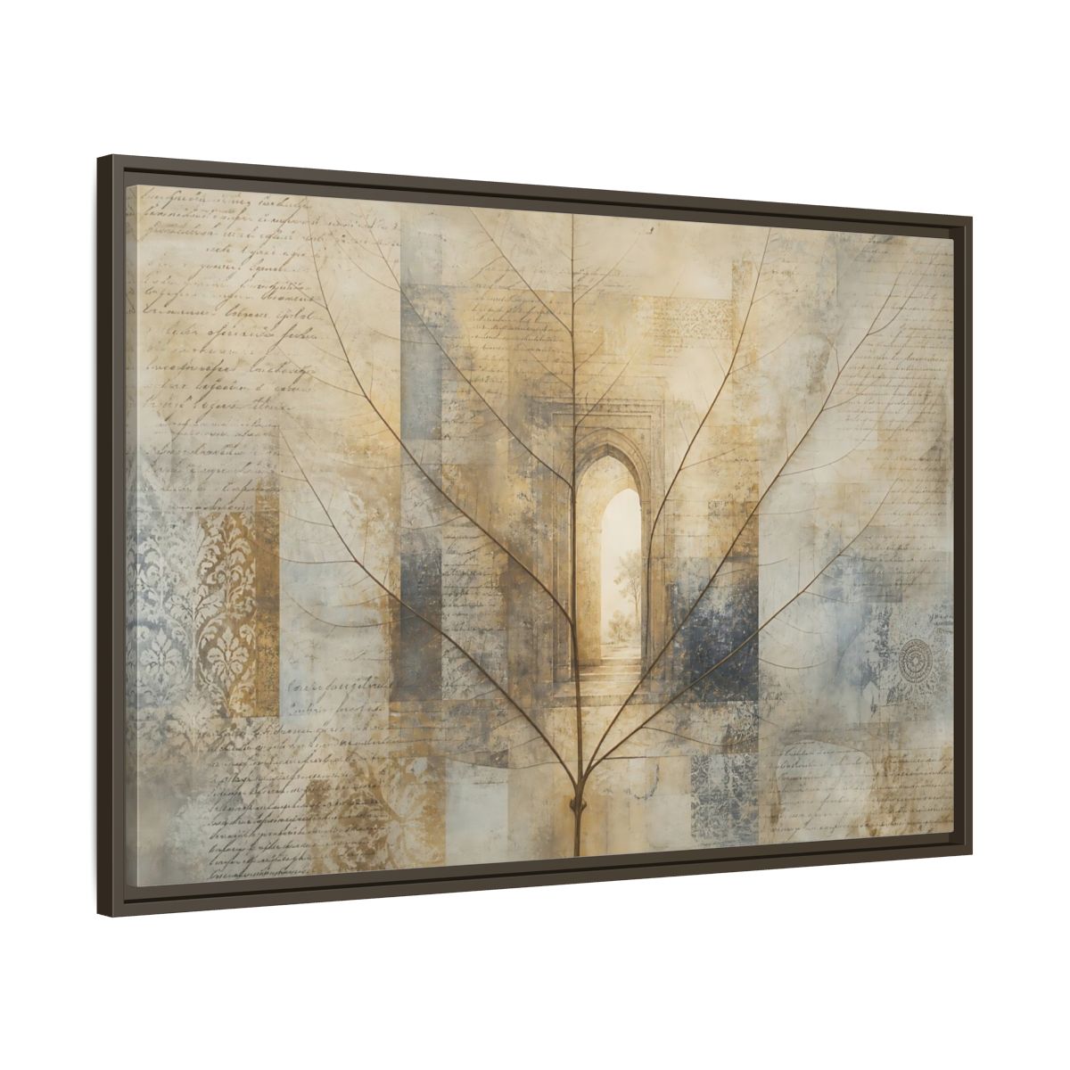 Main Mockup. Abstract Skeletal Leaf Brown And Beige shown as stretched canvas wall art