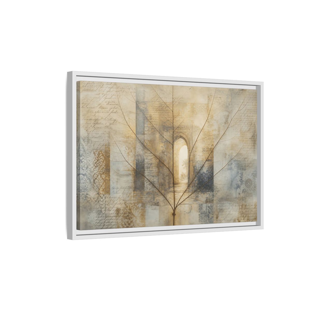 Side Mockup 1. Abstract Skeletal Leaf Brown And Beige shown as stretched canvas wall art