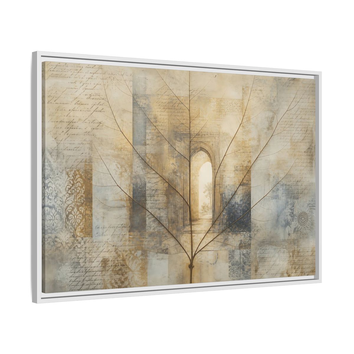 Side Mockup 9. Abstract Skeletal Leaf Brown And Beige shown as stretched canvas wall art