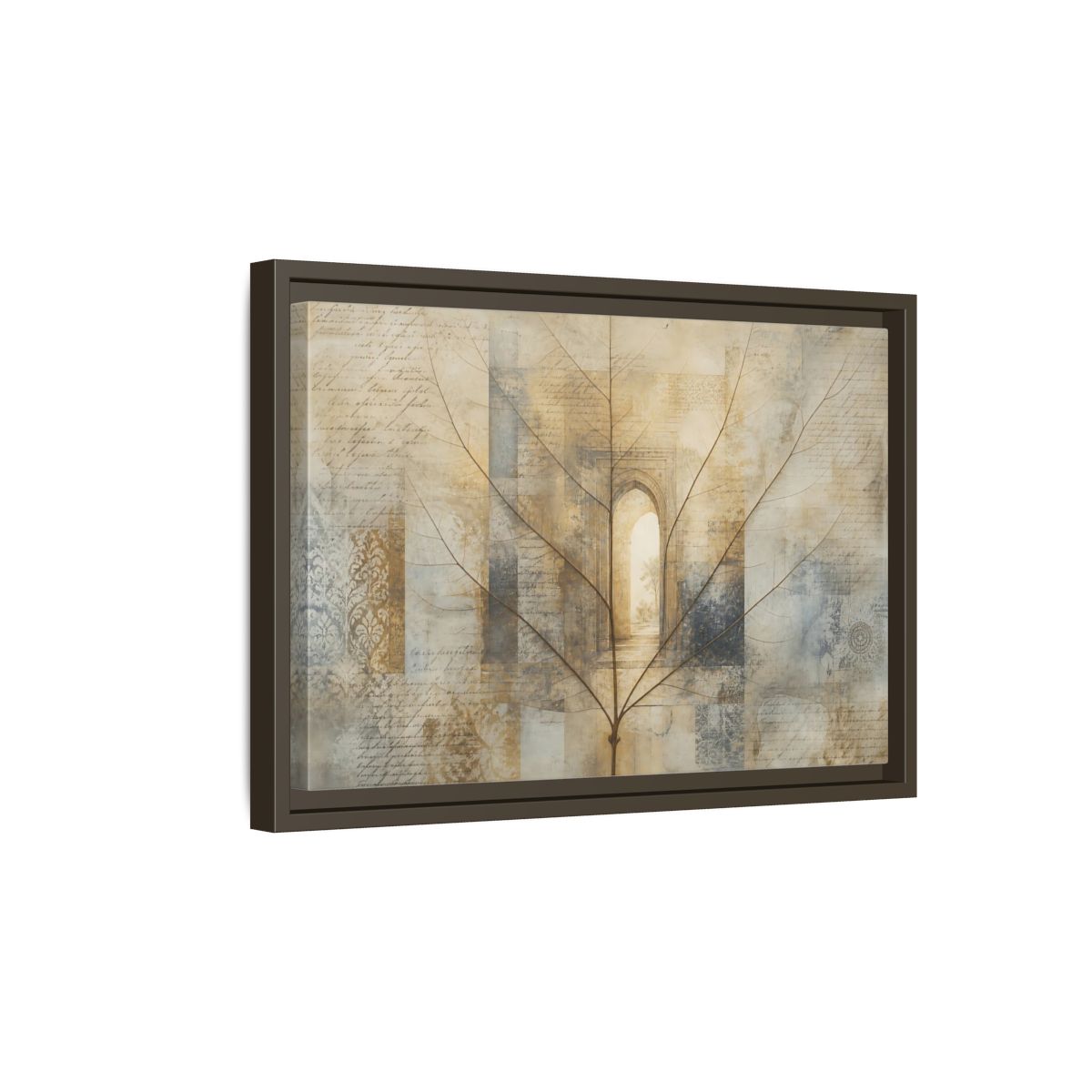 Side Mockup 5. Abstract Skeletal Leaf Brown And Beige shown as stretched canvas wall art