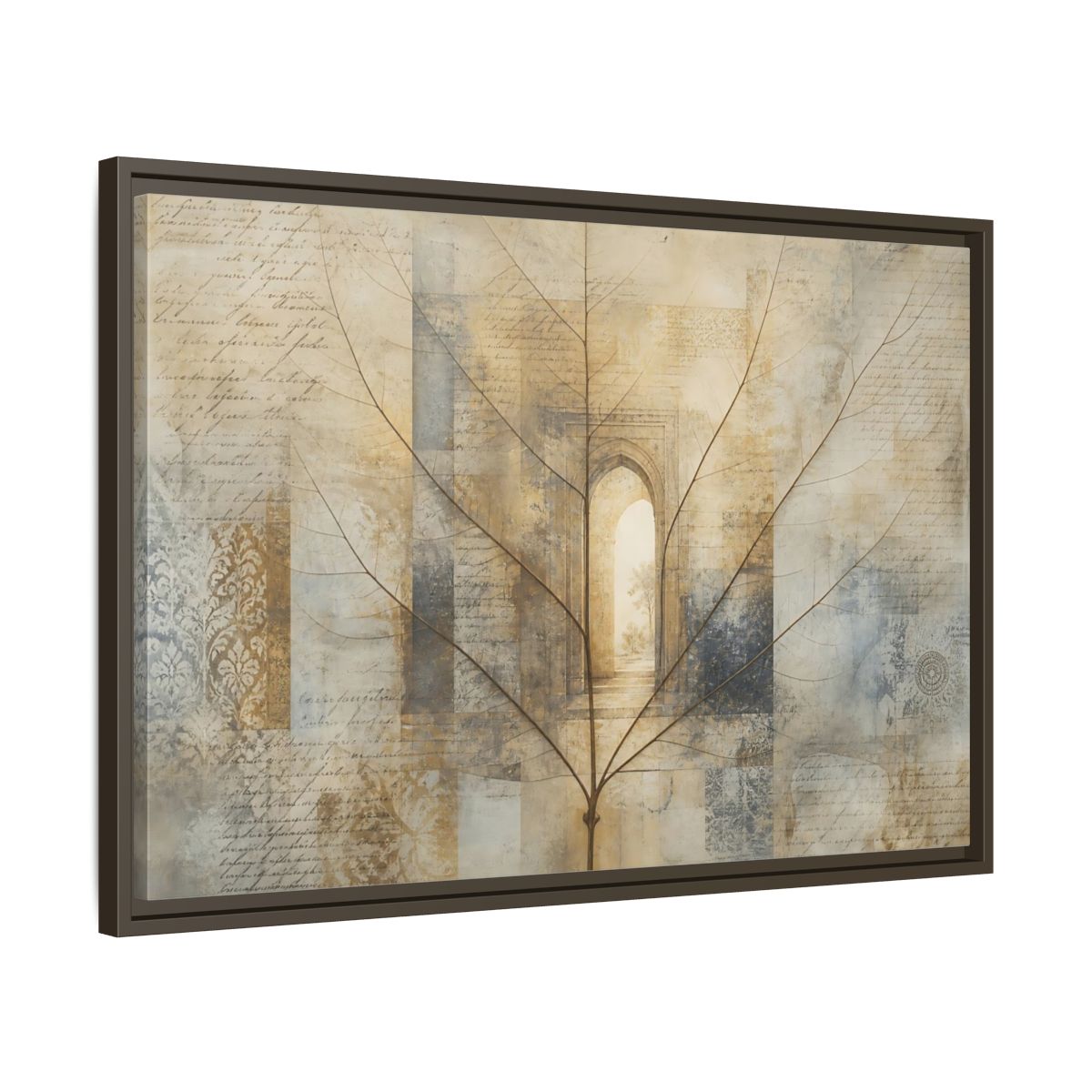 Side Mockup 11. Abstract Skeletal Leaf Brown And Beige shown as stretched canvas wall art