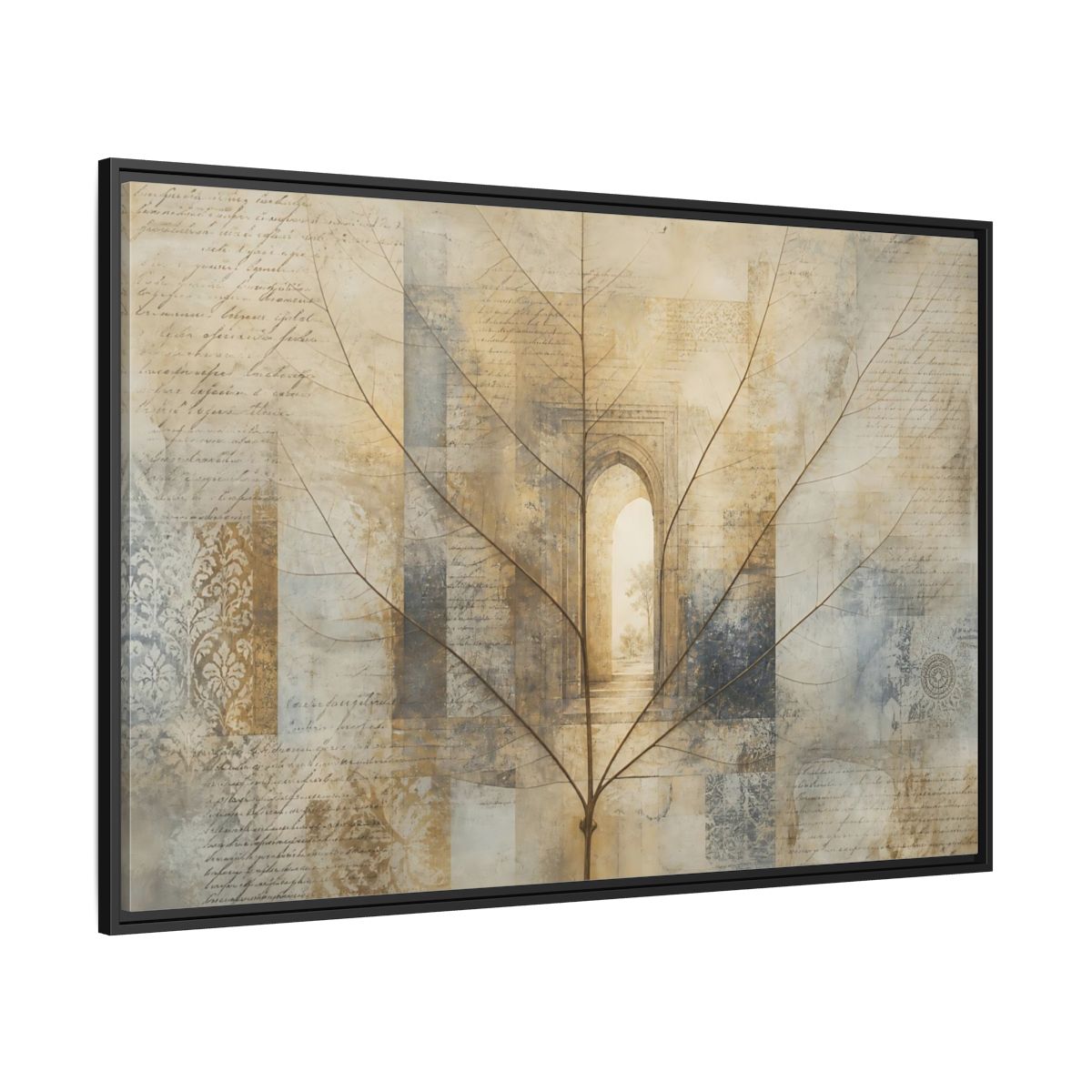 Side Mockup 12. Abstract Skeletal Leaf Brown And Beige shown as stretched canvas wall art