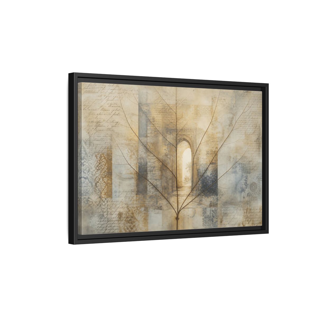 Side Mockup 3. Abstract Skeletal Leaf Brown And Beige shown as stretched canvas wall art