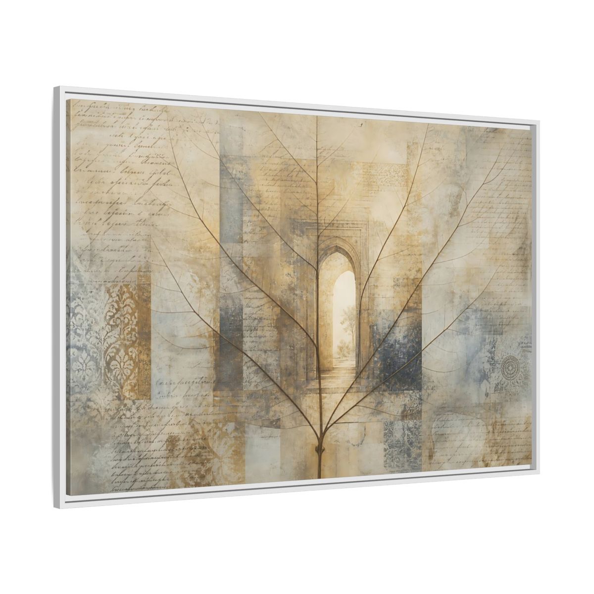 Side Mockup 7. Abstract Skeletal Leaf Brown And Beige shown as stretched canvas wall art