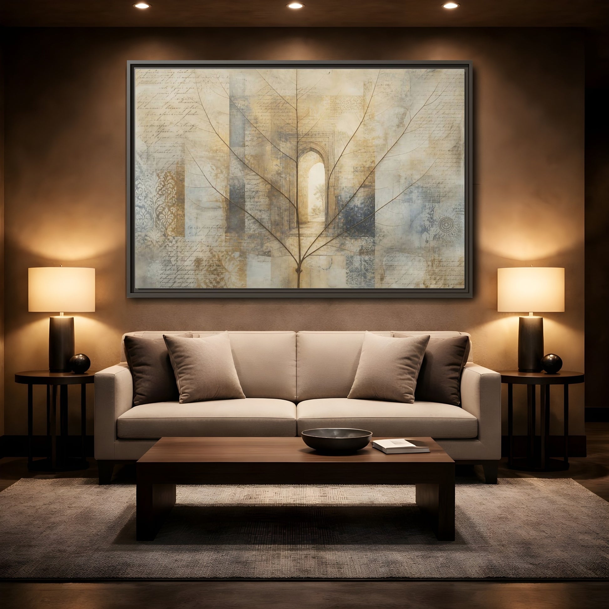 Mockup 2. Abstract Skeletal Leaf Brown And Beige shown as stretched canvas wall art