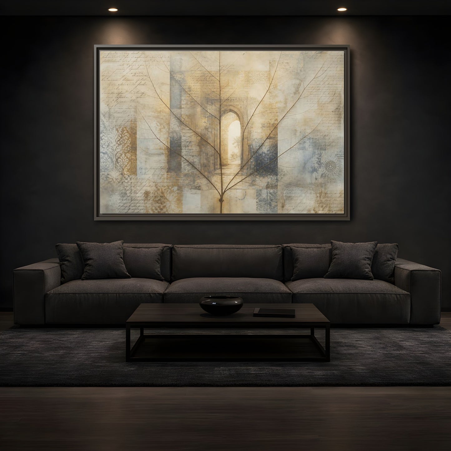 Mockup 3. Abstract Skeletal Leaf Brown And Beige shown as stretched canvas wall art