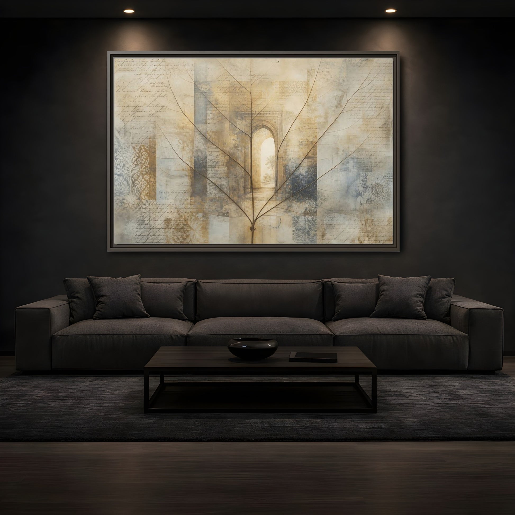 Mockup 3. Abstract Skeletal Leaf Brown And Beige shown as stretched canvas wall art