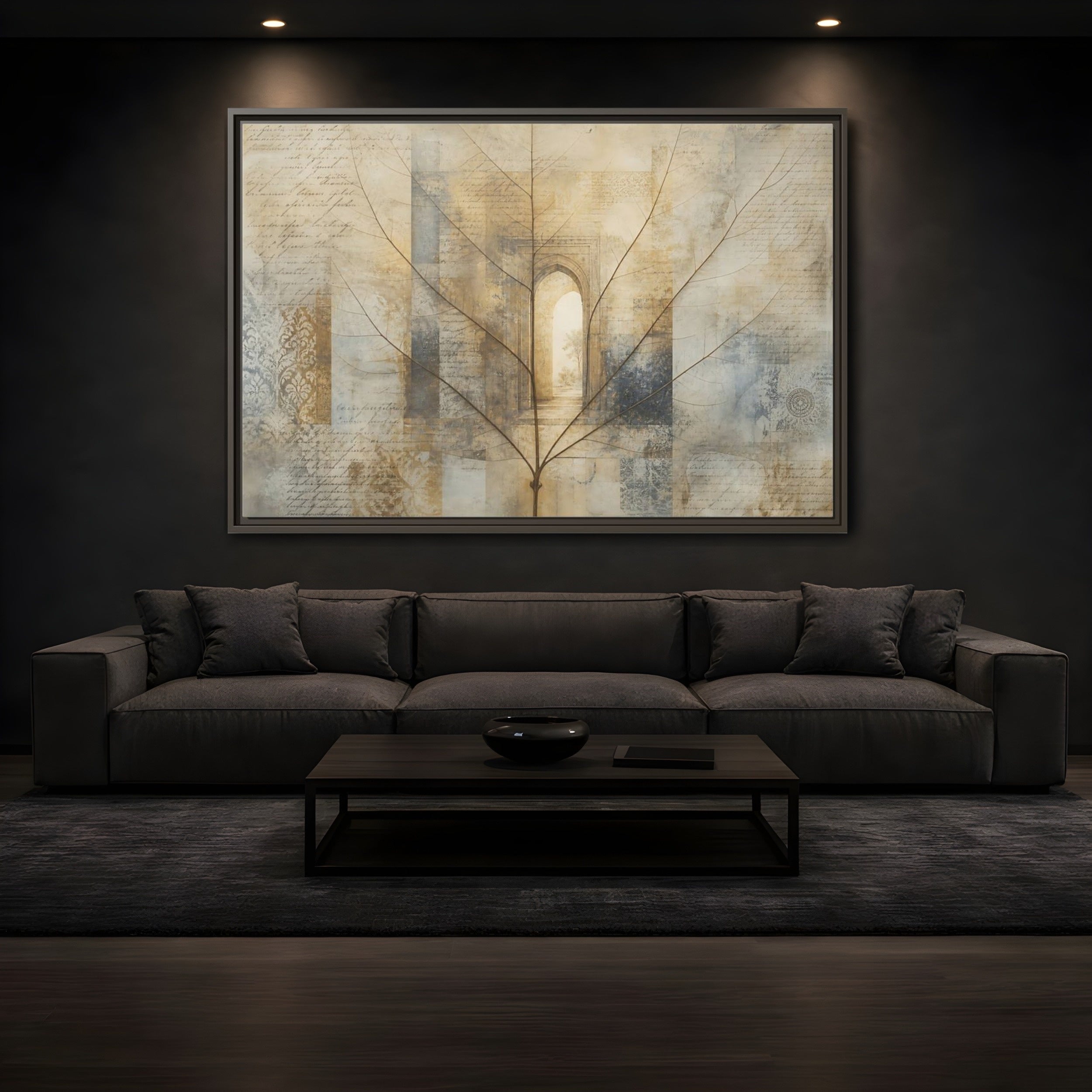 Mockup 3. Abstract Skeletal Leaf Brown And Beige shown as stretched canvas wall art