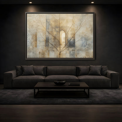 Mockup 3. Abstract Skeletal Leaf Brown And Beige shown as stretched canvas wall art