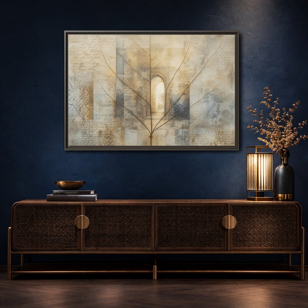Mockup 4. Abstract Skeletal Leaf Brown And Beige shown as stretched canvas wall art