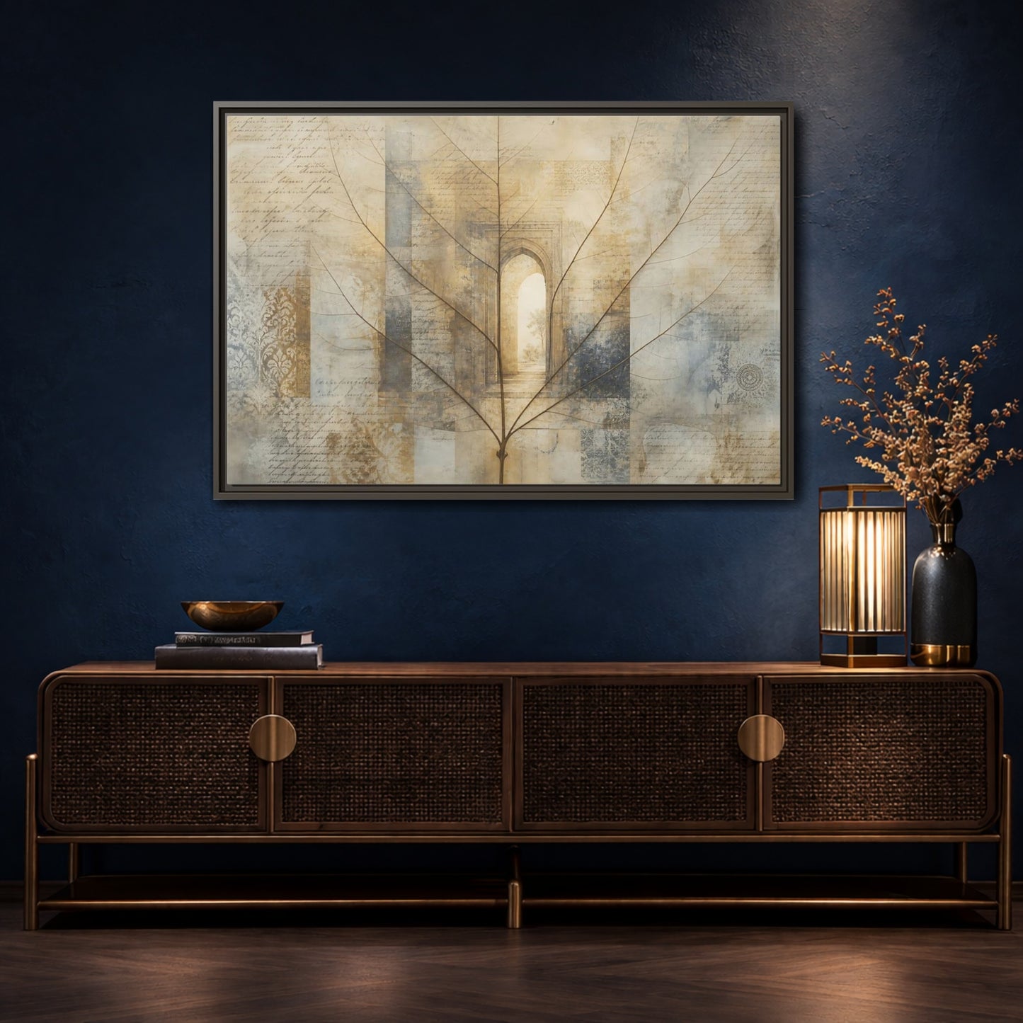 Mockup 4. Abstract Skeletal Leaf Brown And Beige shown as stretched canvas wall art