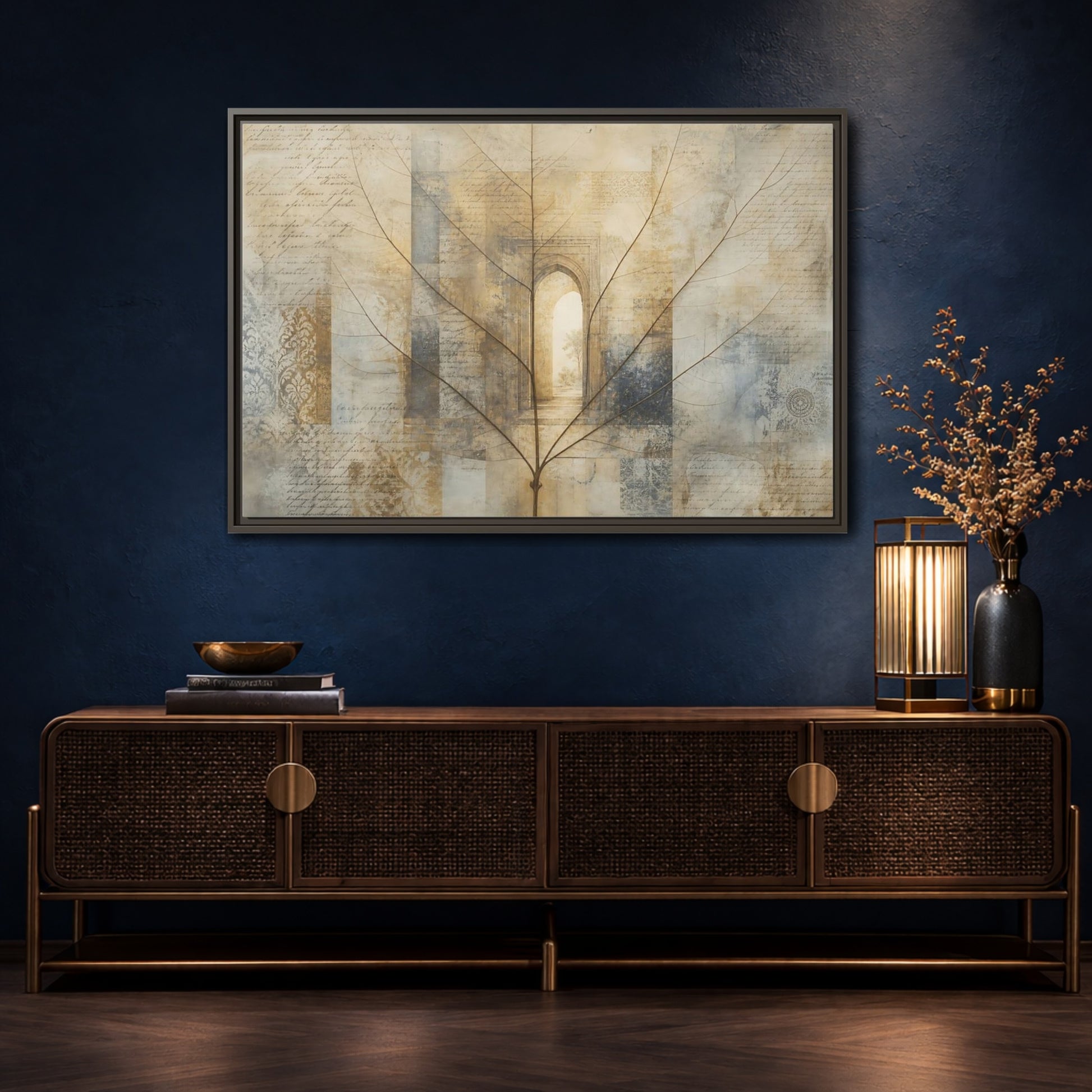 Mockup 4. Abstract Skeletal Leaf Brown And Beige shown as stretched canvas wall art