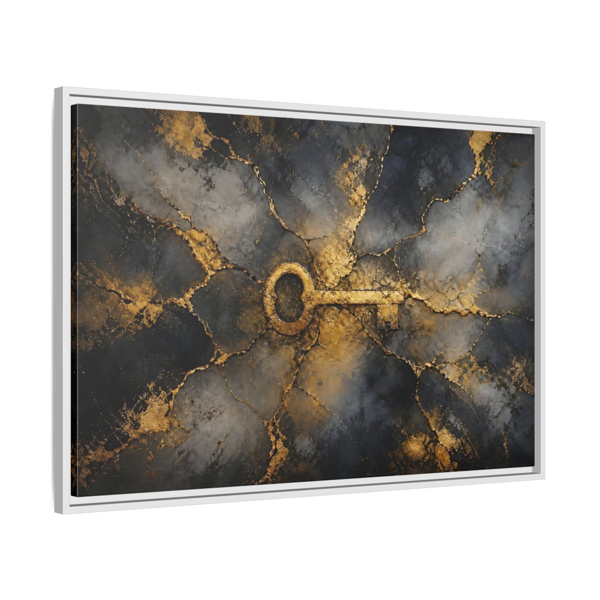 Side Mockup 9. Abstract Skeleton Key Gold And Black Key shown as stretched canvas wall art