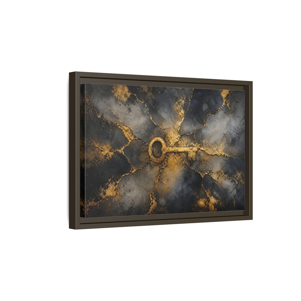 Side Mockup 5. Abstract Skeleton Key Gold And Black Key shown as stretched canvas wall art