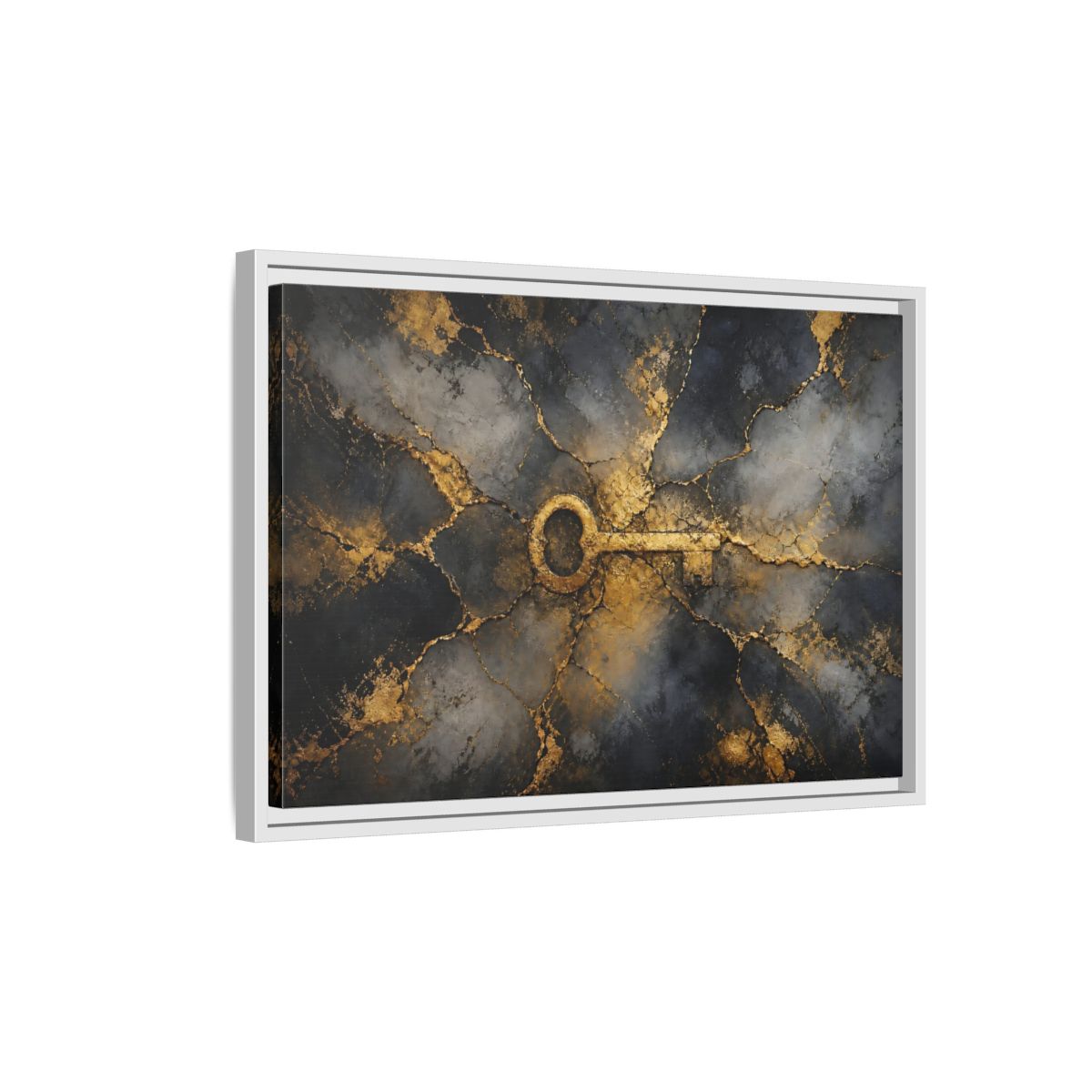 Side Mockup 1. Abstract Skeleton Key Gold And Black Key shown as stretched canvas wall art
