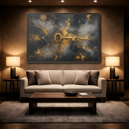 Mockup 2. Abstract Skeleton Key Gold And Black Key shown as stretched canvas wall art