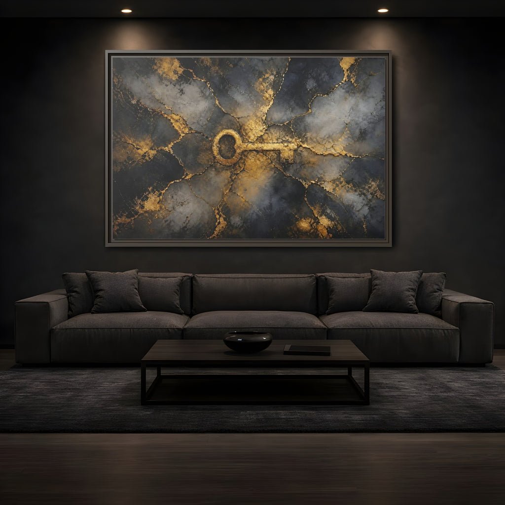 Mockup 3. Abstract Skeleton Key Gold And Black Key shown as stretched canvas wall art
