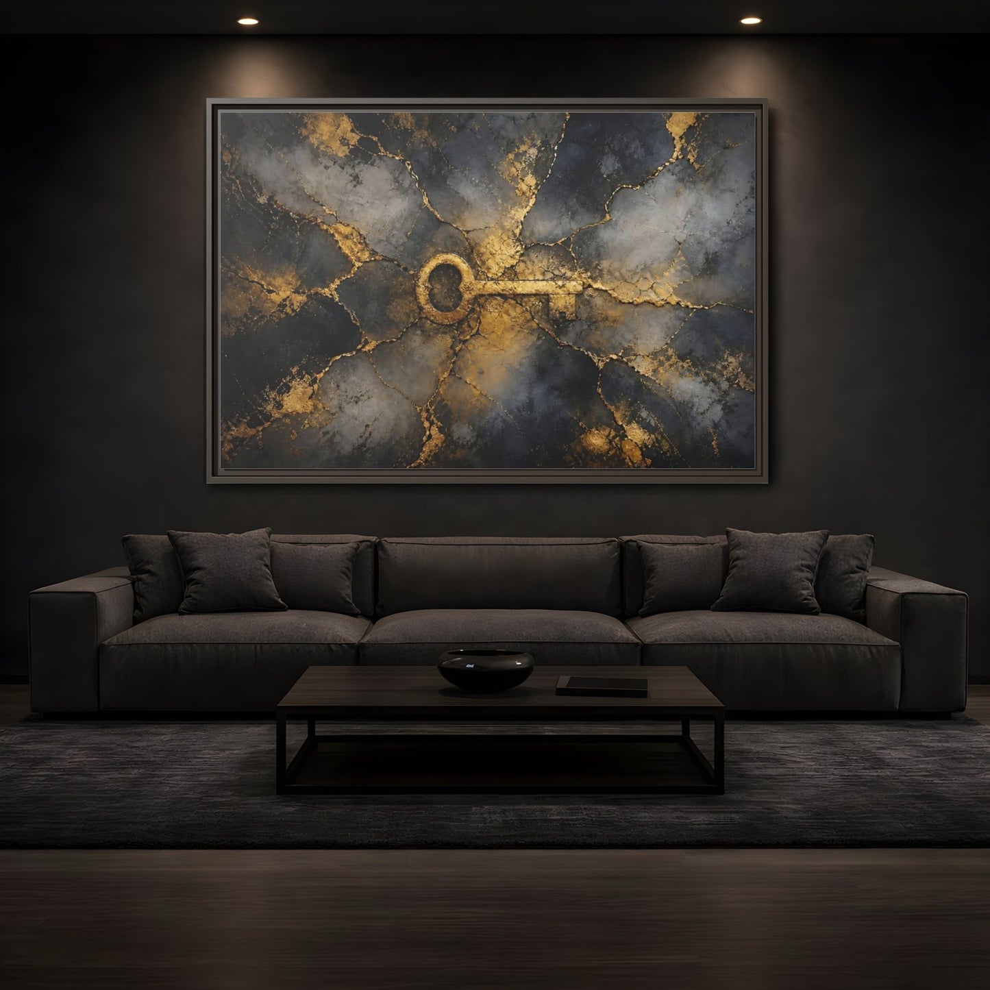 Mockup 3. Abstract Skeleton Key Gold And Black Key shown as stretched canvas wall art