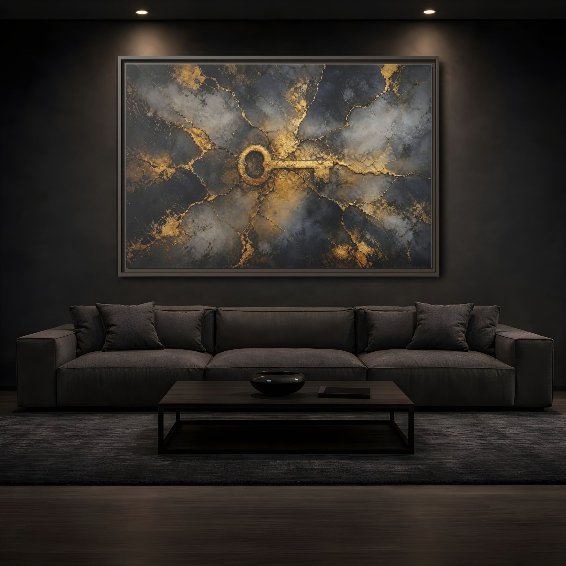 Mockup 3. Abstract Skeleton Key Gold And Black Key shown as stretched canvas wall art