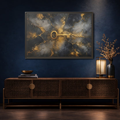 Mockup 4. Abstract Skeleton Key Gold And Black Key shown as stretched canvas wall art
