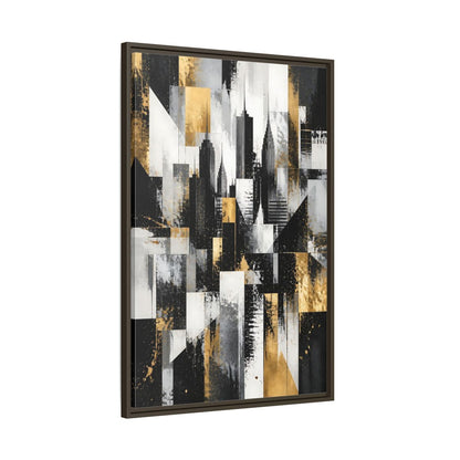 Main Mockup. Abstract Skyscrapers Black Gold Cityscape shown as stretched canvas wall art