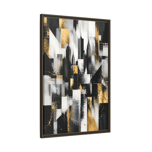 Main Mockup. Abstract Skyscrapers Black Gold Cityscape shown as stretched canvas wall art