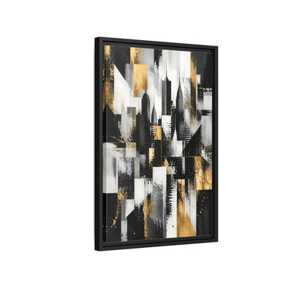 Side Mockup 3. Abstract Skyscrapers Black Gold Cityscape shown as stretched canvas wall art