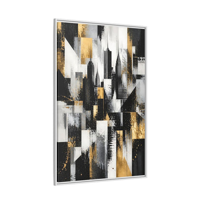 Side Mockup 7. Abstract Skyscrapers Black Gold Cityscape shown as stretched canvas wall art