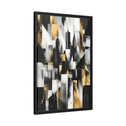 Side Mockup 14. Abstract Skyscrapers Black Gold Cityscape shown as stretched canvas wall art