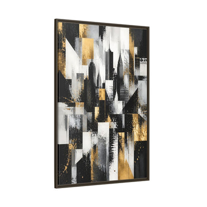 Side Mockup 8. Abstract Skyscrapers Black Gold Cityscape shown as stretched canvas wall art