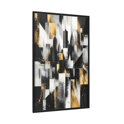 Side Mockup 12. Abstract Skyscrapers Black Gold Cityscape shown as stretched canvas wall art