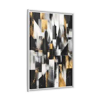 Side Mockup 10. Abstract Skyscrapers Black Gold Cityscape shown as stretched canvas wall art