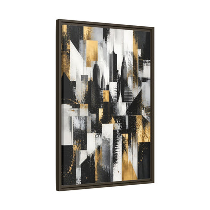 Side Mockup 11. Abstract Skyscrapers Black Gold Cityscape shown as stretched canvas wall art