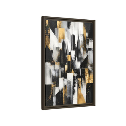 Side Mockup 2. Abstract Skyscrapers Black Gold Cityscape shown as stretched canvas wall art